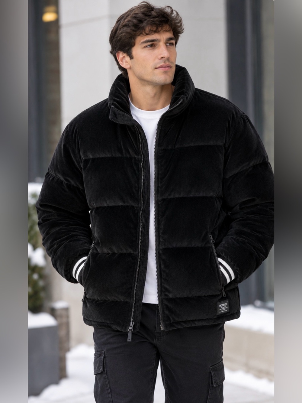 NWT Hudson Black Corduroy Puffer Jacket Coat Ribbed Knit Cuffs Men's XL $298